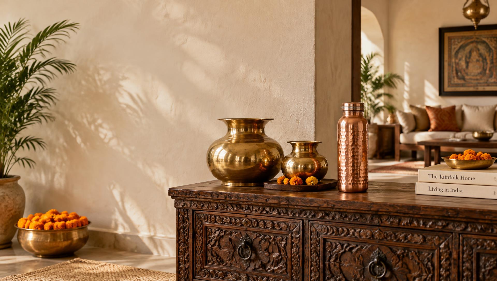Brass and copper vessels on a carved console in a warm Indian interior